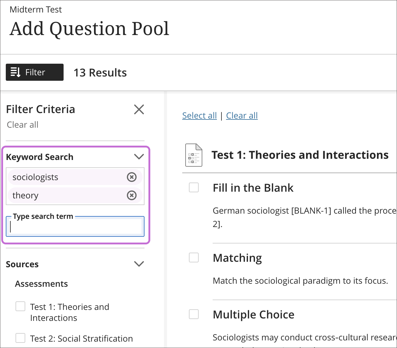 Add question pool panel is open with the filter criteria panel open. The keyword search section is highlighted.
