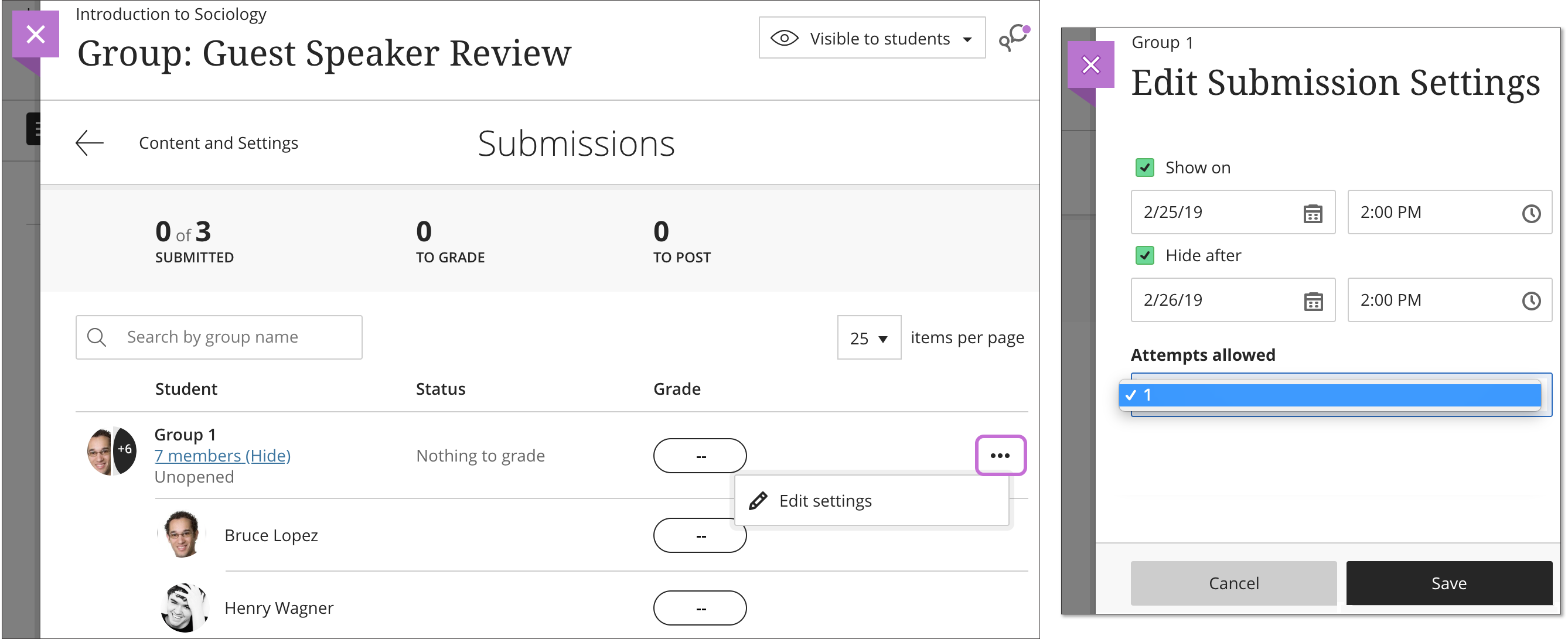 A group assessment's Submission page is open with 1) the three dots menu clicked and highlighted, 2) the Edit Submission Settings opened, and 3) the "Attempts allowed" option selected.