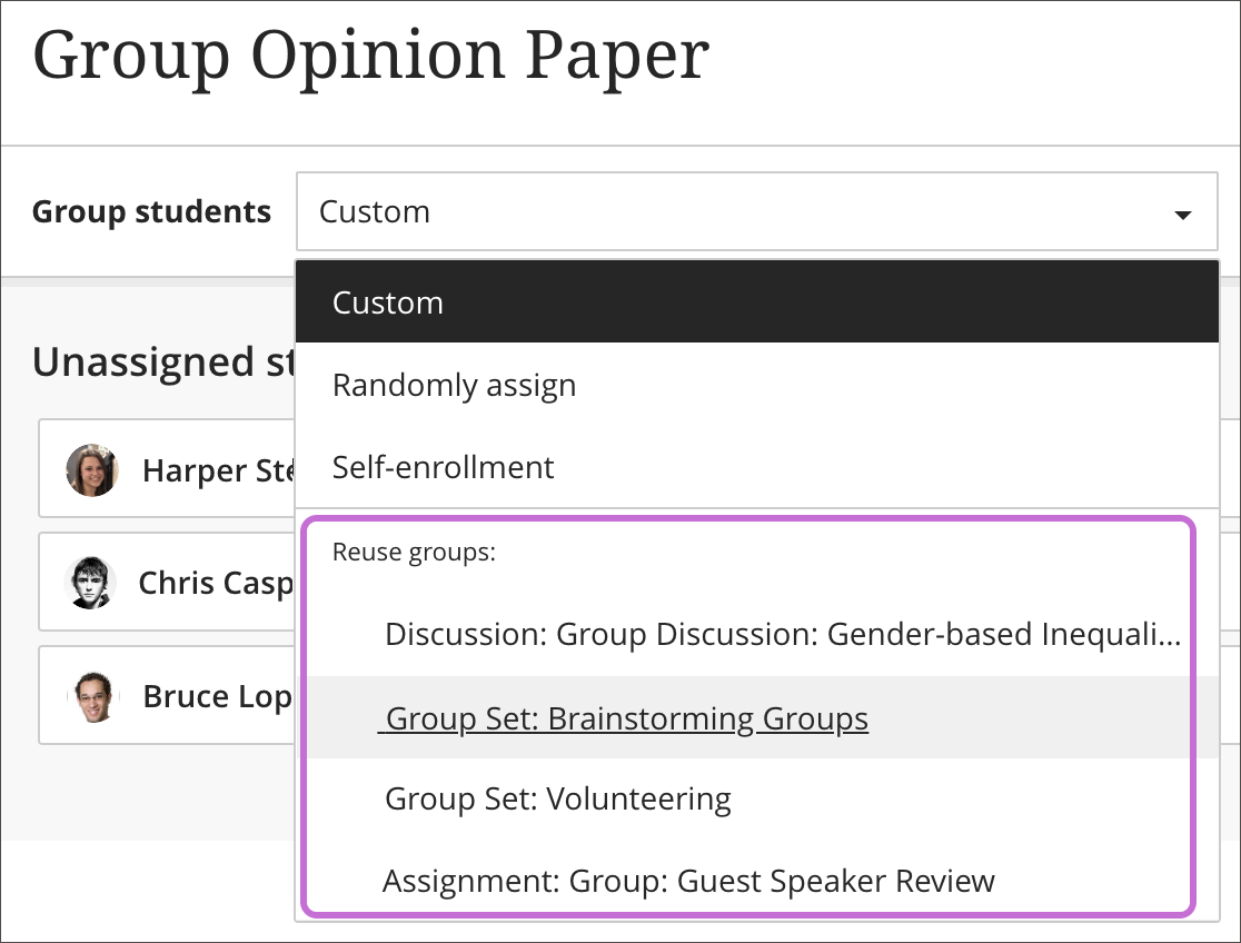 The Groups page is open with 1) the Group students menu on screen and the "Custom" option selected, and 2) the Reuse groups option highlighted. 