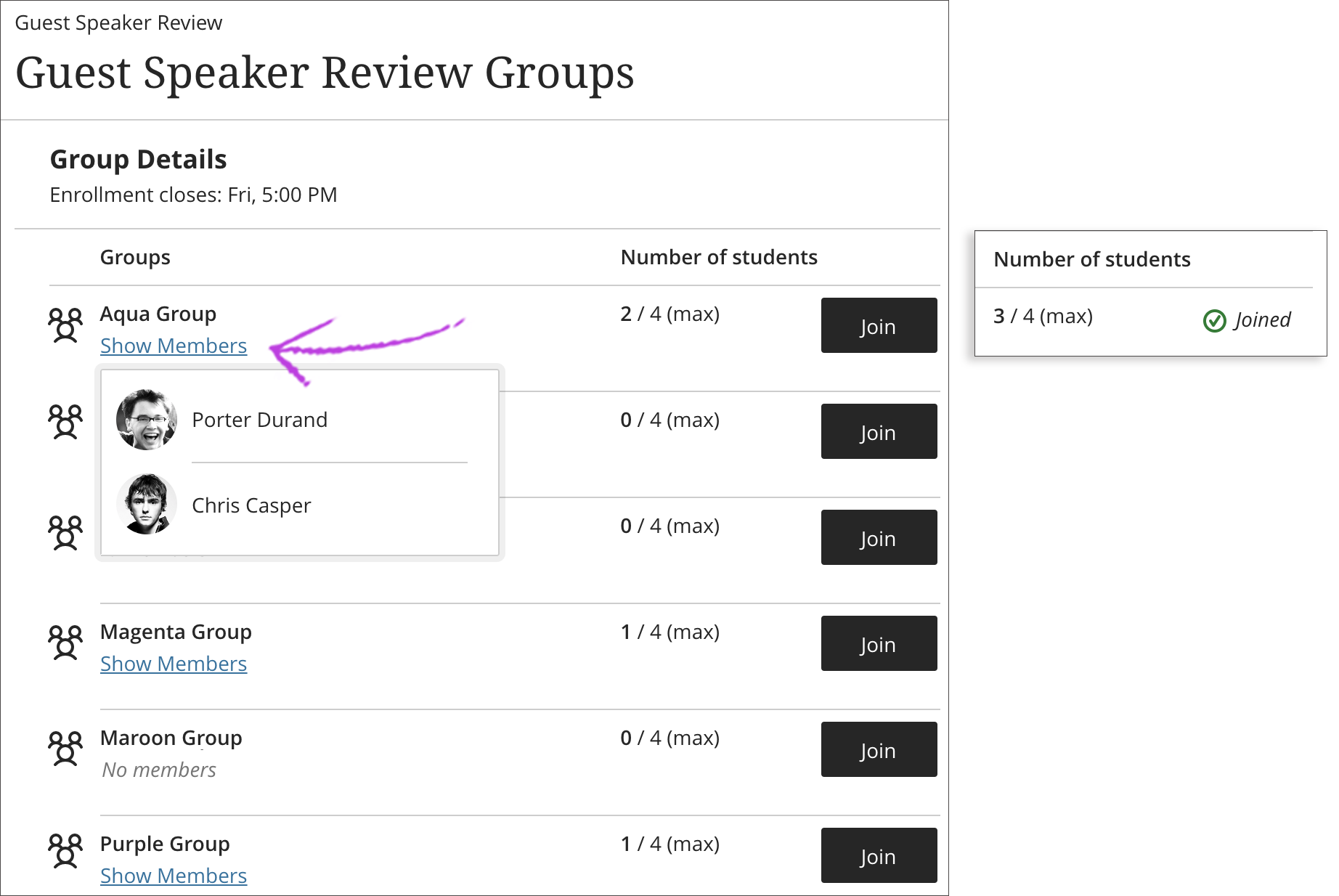 Image of Groups page where students can self-enroll in a group. A callout arrow points to “Show Members” link for a group