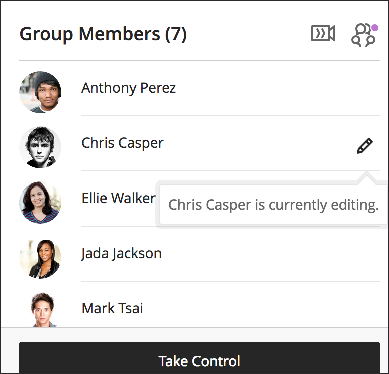 Image of Group Members panel on group assignment page that shows one student is currently editing the assignment