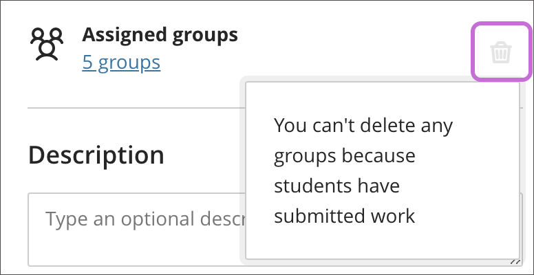 The Assignment setting panel is open with the "Assigned groups" option on screen and the Delete icon highlighted. 
