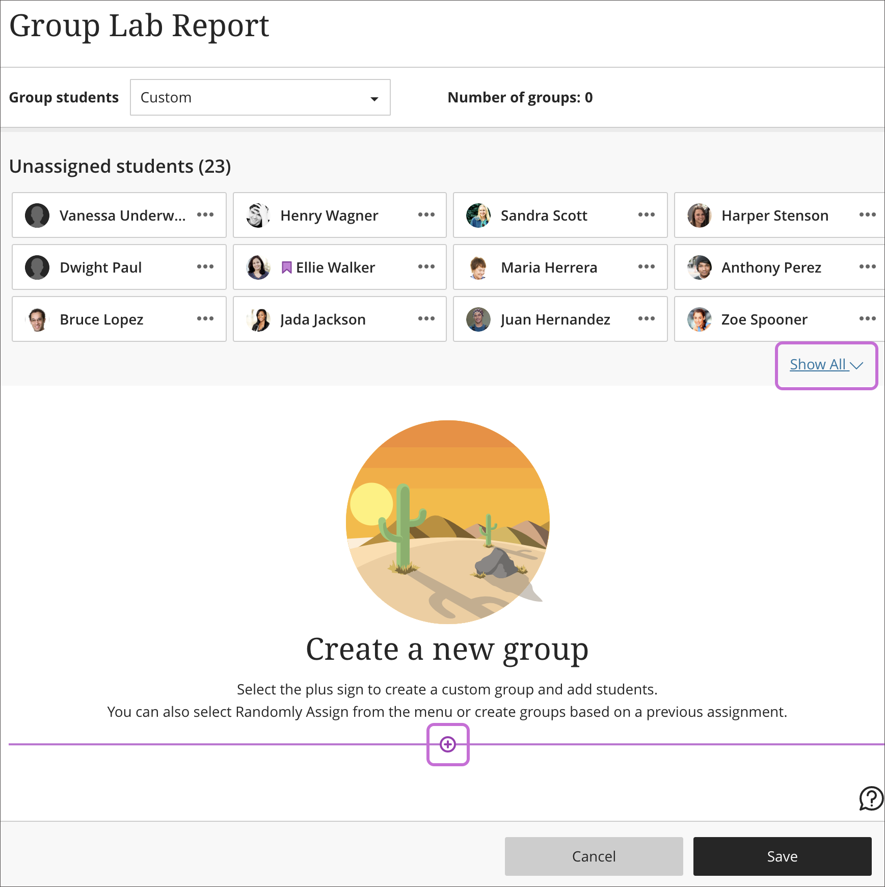 The Groups page is open with 1) the Unassigned students section on screen, 2) the "Shown all" button clicked, and 3) the plus sign for creating a new group selected. 