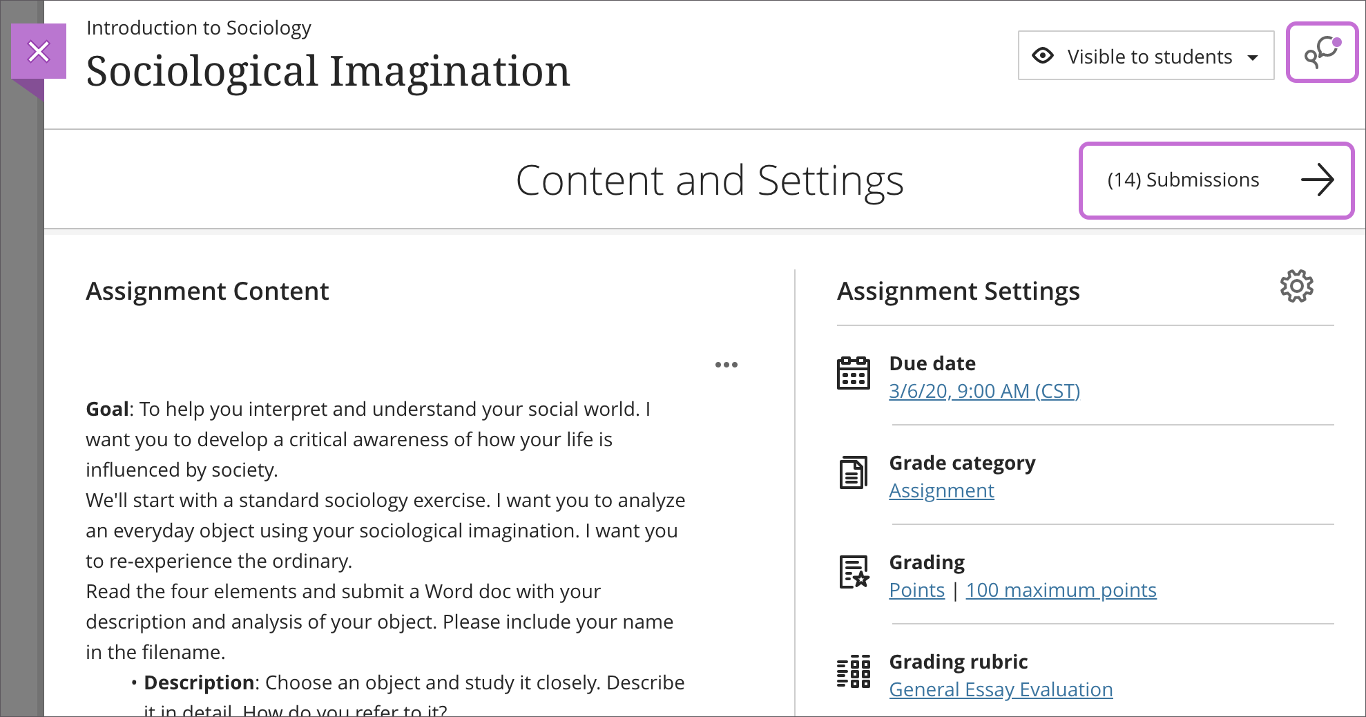 An assignment's Content and Settings page is open with 1) "Open class conversation" icon selected and highlighted, and 2) the "Submissions" link highlighted. 