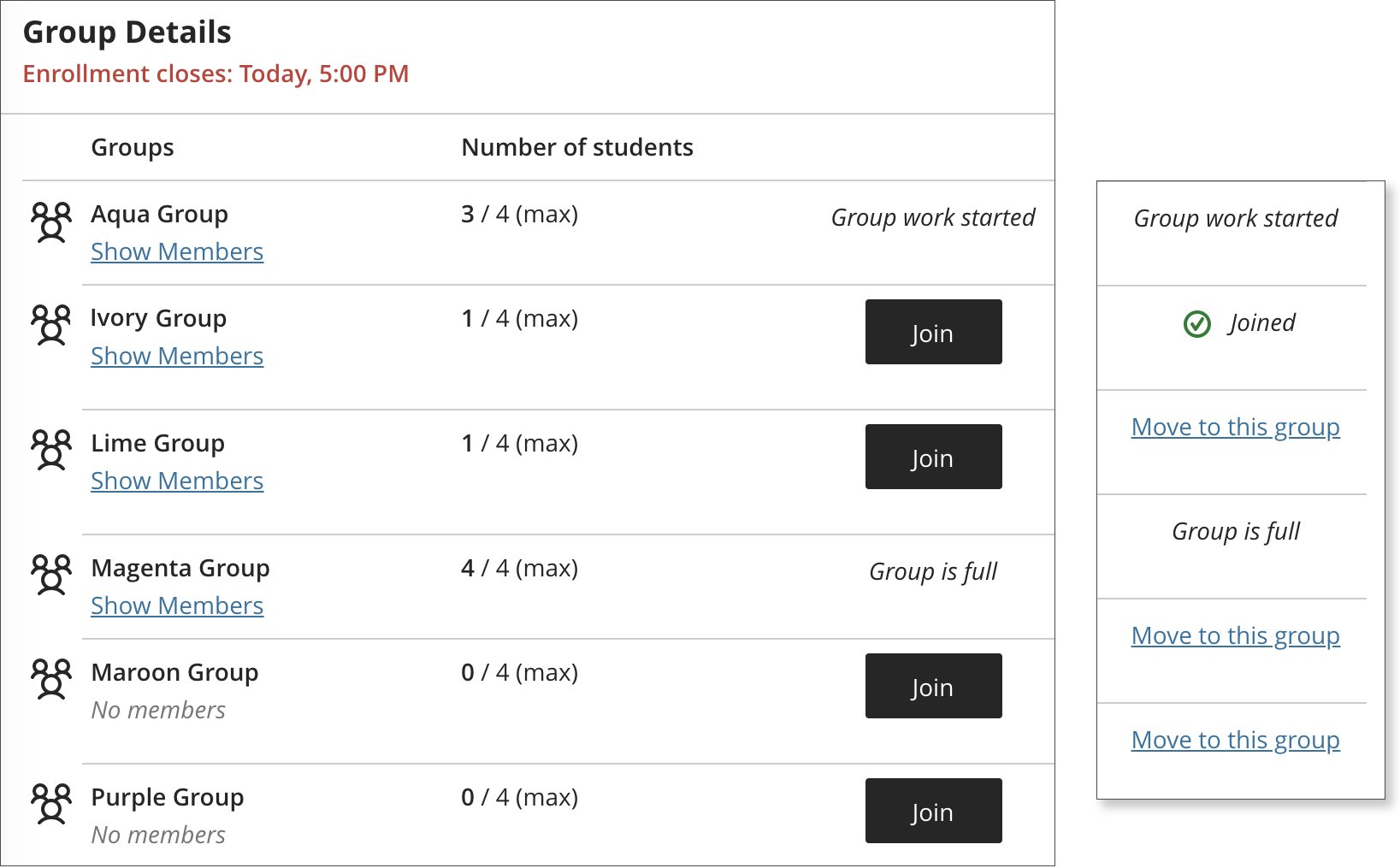 On the left, the student's Group details section is open with the list of self-enrollment groups available to join. On the right, the list of self-enrollment groups shows 1) the message "Joined" in one group and 2) the option "Move to this group" in the groups available to join.