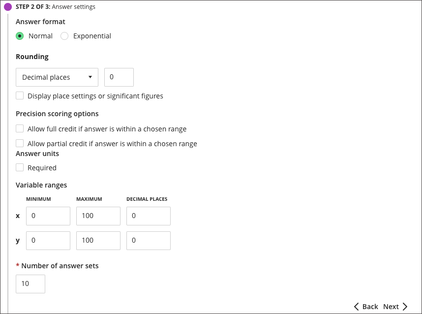 Calculated question answer settings