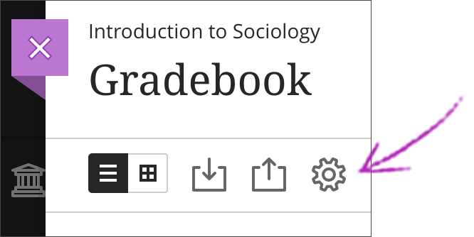Gradebook settings icon highlighted on the far right of the gradebook options
