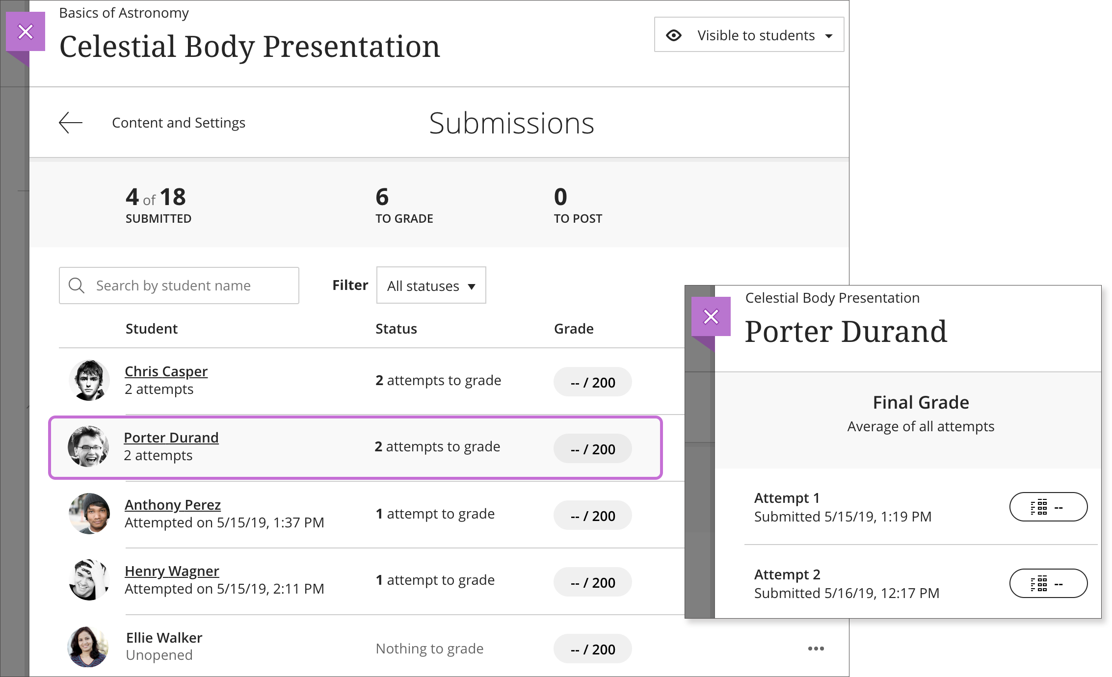 The Submissions page is open with 1) the submissions list displayed, 2) an example username selected and highlighted, and 3) the Multiple Attempts grading panel opened with two attempts submitted.