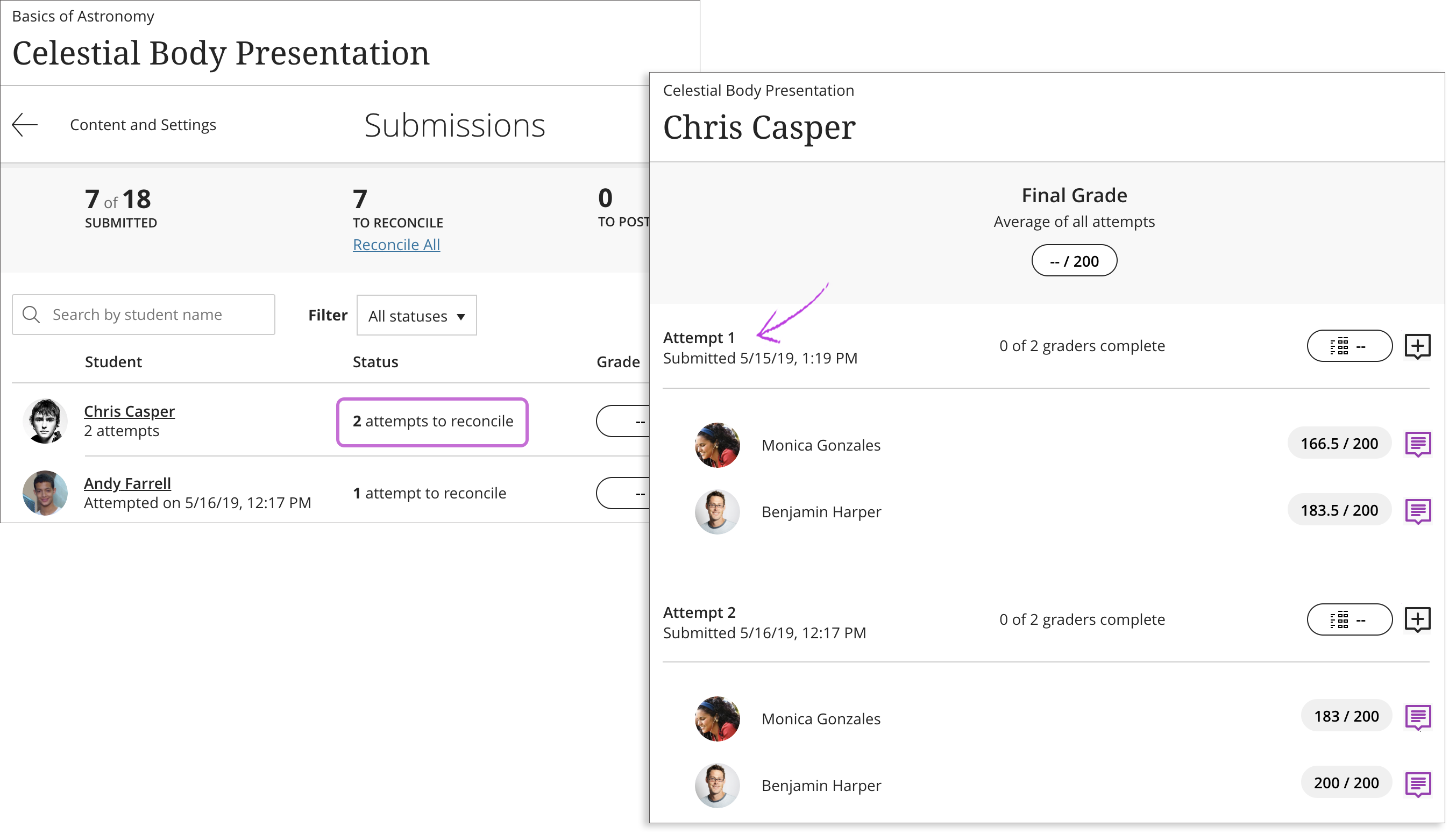 The Submissions page is open with 1) the submissions list displayed, 2) an example username selected with the "2 attempts to reconcile" message highlighted, and 3) the Multiple attempts grading panel opened with the first attempt highlighted.