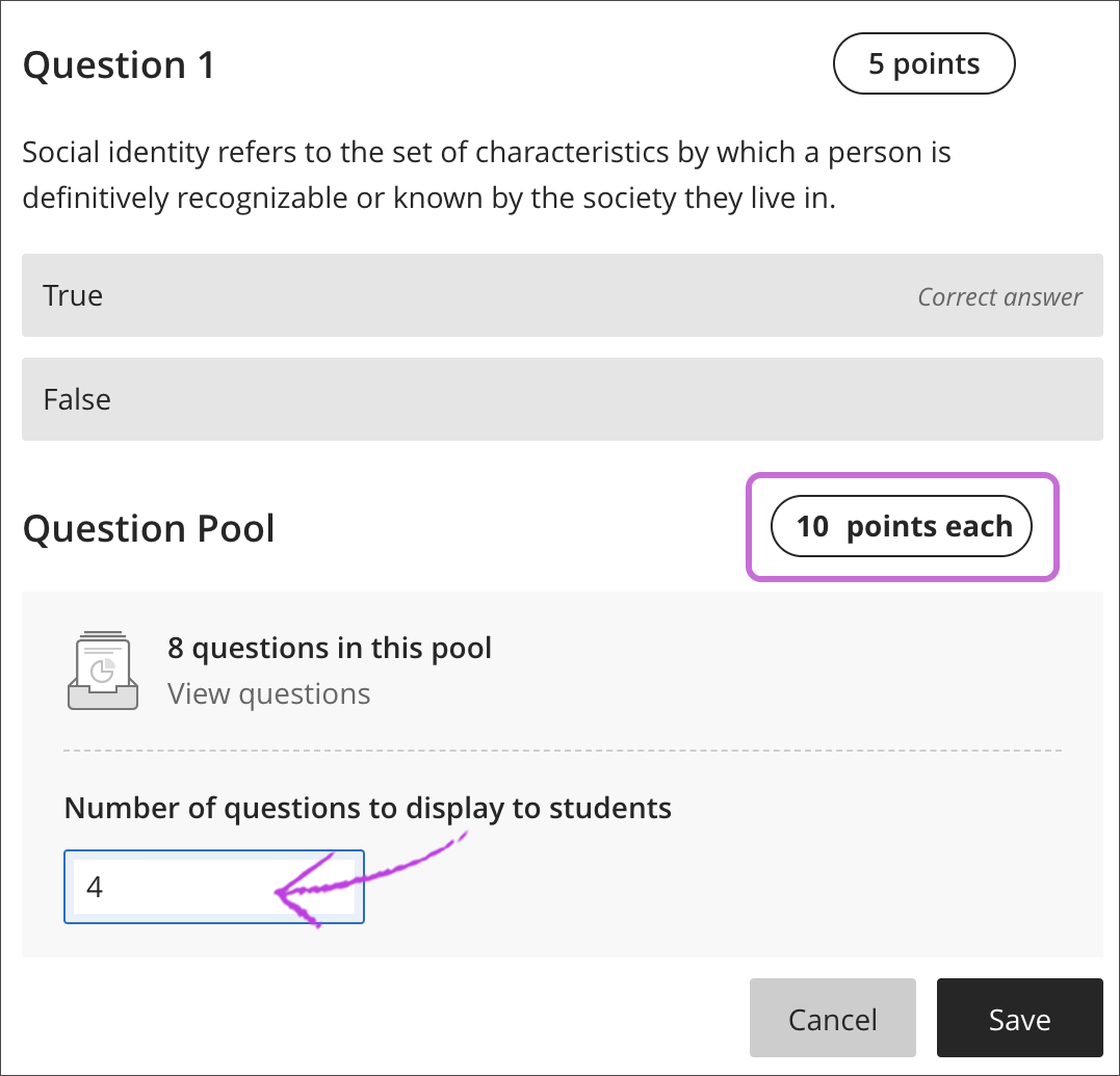 Edit view of a test showing a question pool.