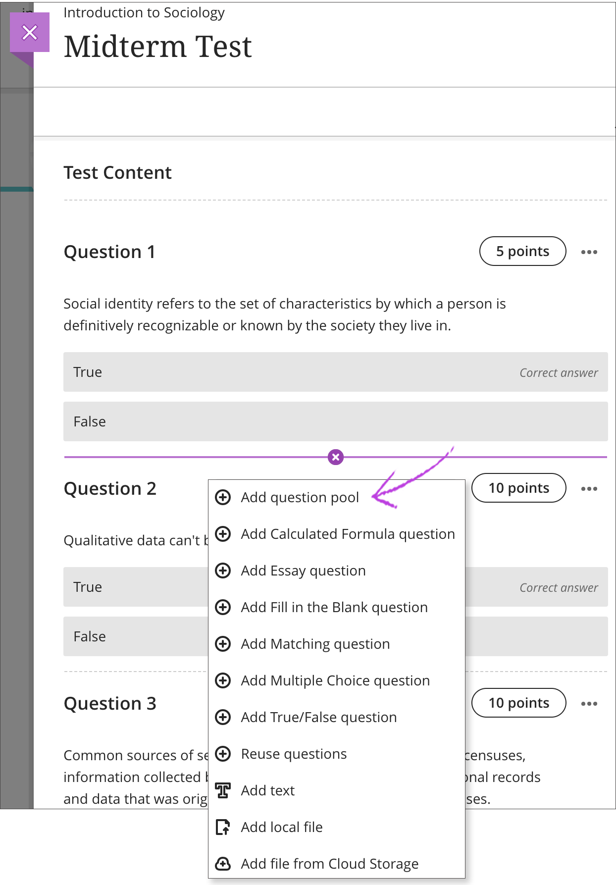Edit view of a test. The add question menu is open and add question pool is highlighted.