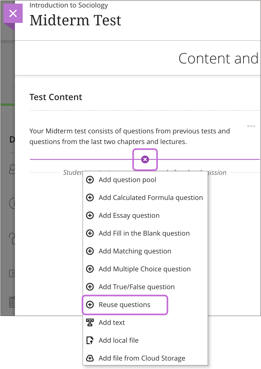 Edit view of a test. The add question menu is open and reuse questions is highlighted.