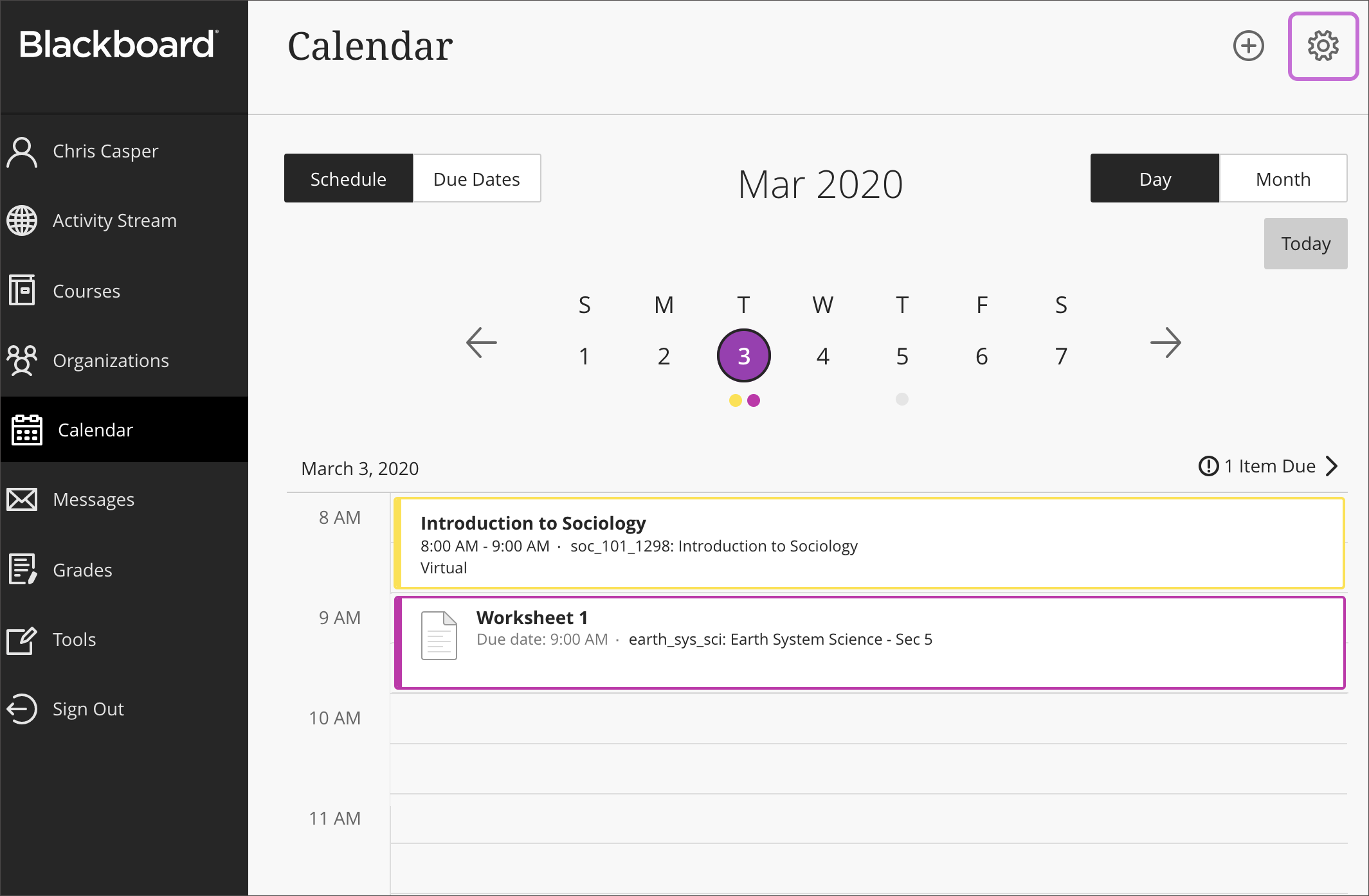 Image of the global calendar, showing a course event and an assignment due date