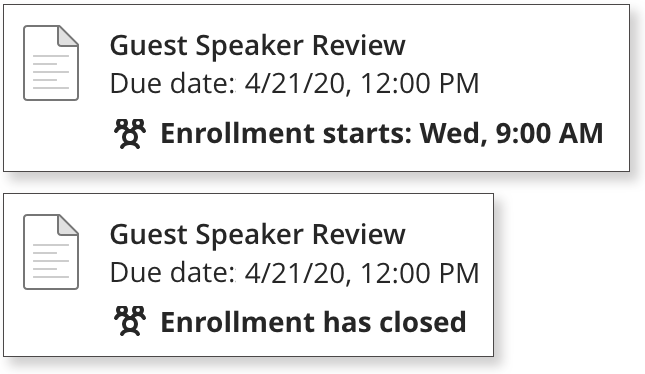 Image of two discussion group rows, both displaying information about self-enrollment periods