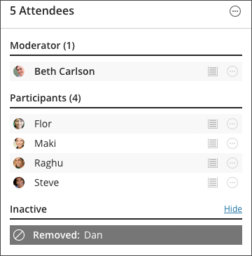 Attendee named Dan appears as Removed under the Inactive label in the Attendees list.