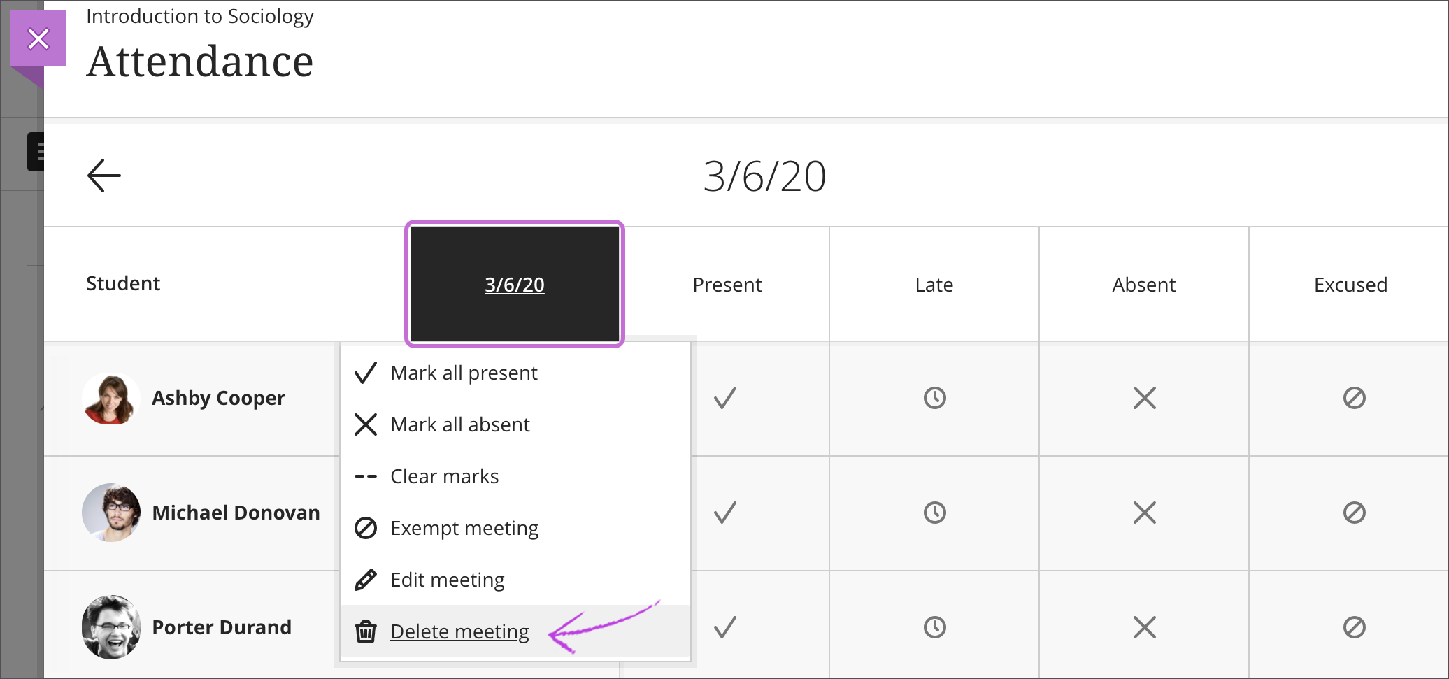 Example of deleting a meeting
