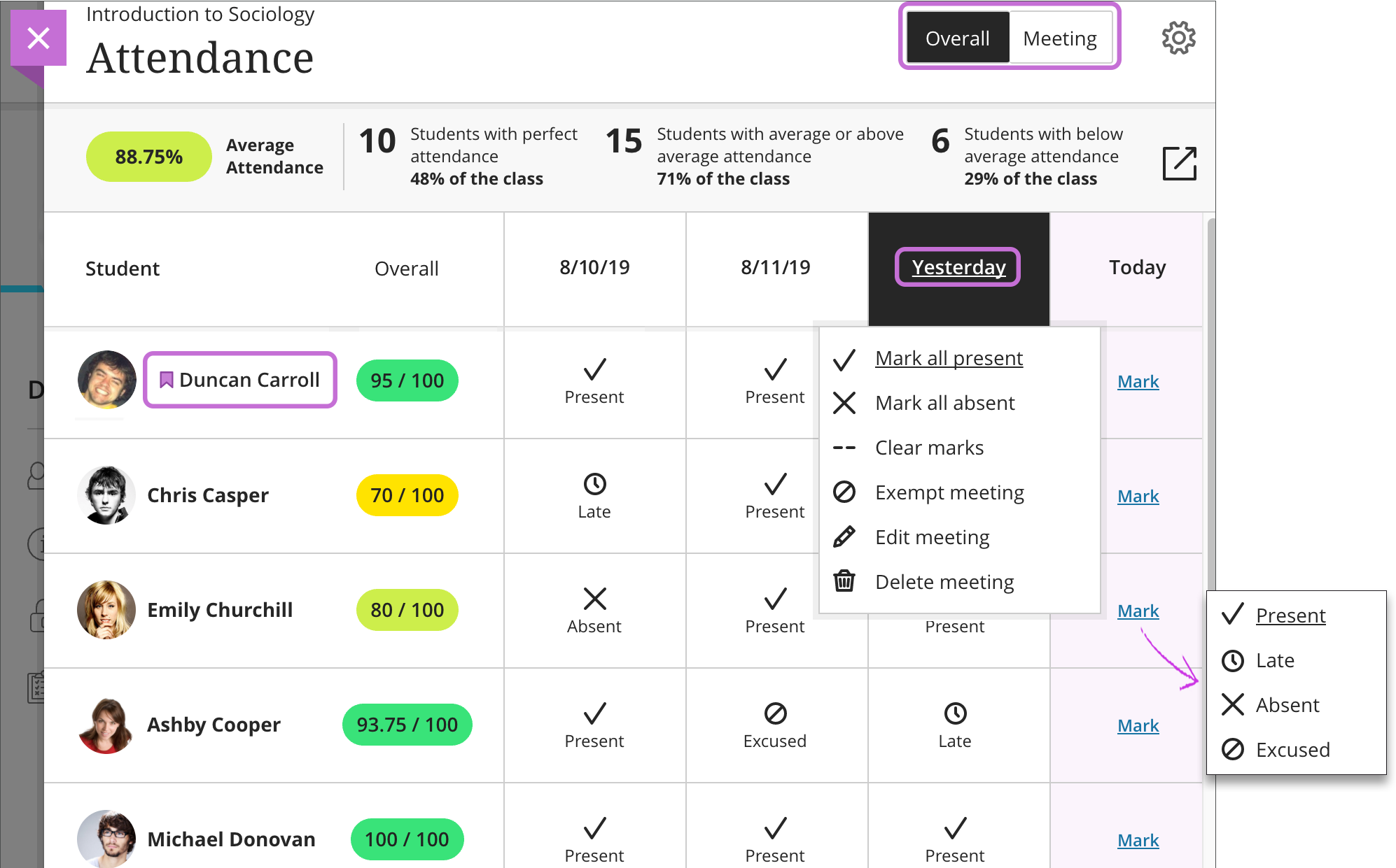 The Attendance page is open with 1) the Overall view selected and highlighted, 2) a column heading selected and highlighted with the "Mark all present" and "Mark all absent" options displayed, 3) a "Saved" icon next to a username highlighted, 4) a "Mark" option selected with the attendance menu displayed.