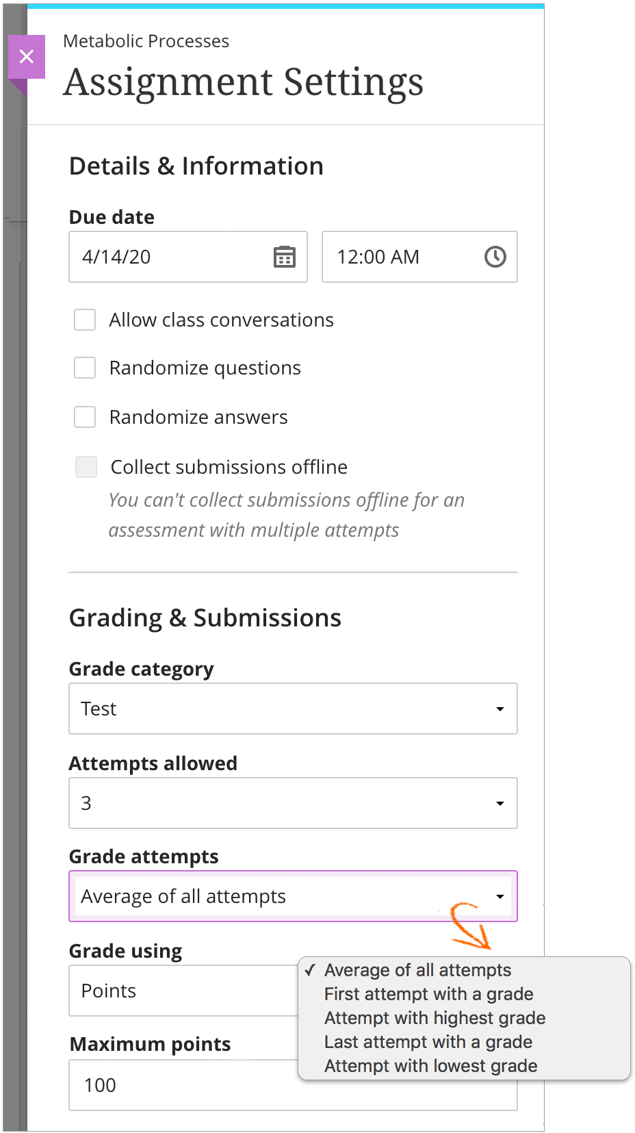 The Assignment settings panel is open with the "Grade attempts" dropdown list displayed and the "Average of all attempts" option selected. 
