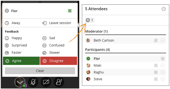 Profile picture has a menu with options to go to the My Settings panel, mark yourself as away, leave a session, or use emojis to react to something in the session. Feedback appears at the top of the Attendees list.