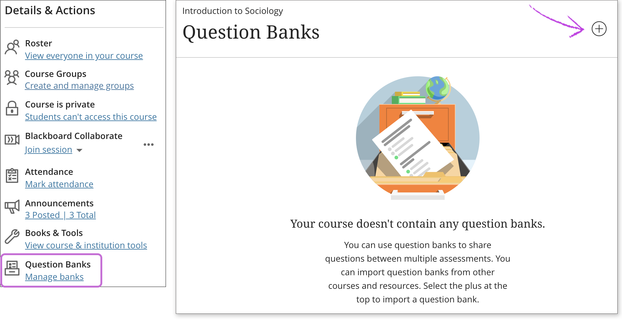 Venster Vragenbanken is geopend en de knop Vragen toevoegen is gemarkeerd.