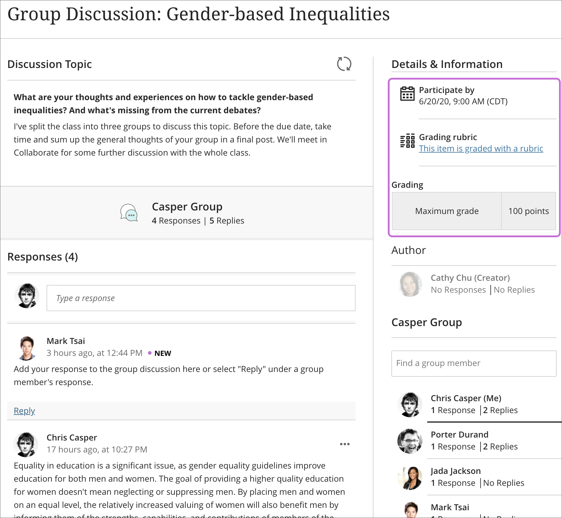 image of Group Discussion page with members posting and replying to the discussion question. A box is highlighting the Details & Information section of the page
