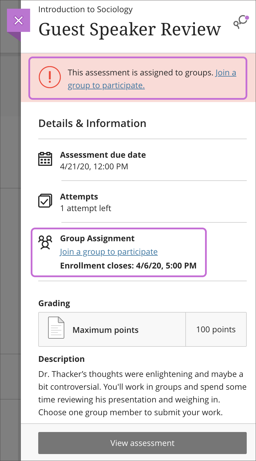 Image of Group Assignment panel with information about the assignment. A box highlights the “Join a Group to participate” link and enrollment period due date