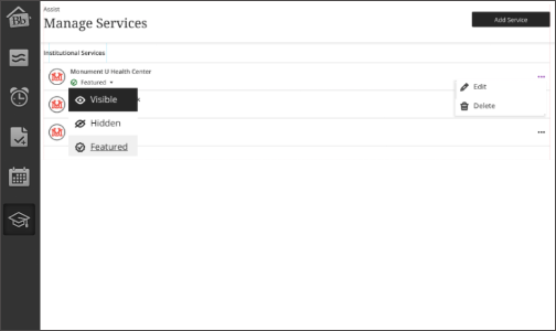 Screenshot of "Manage Services" panel on Blackboard Assist