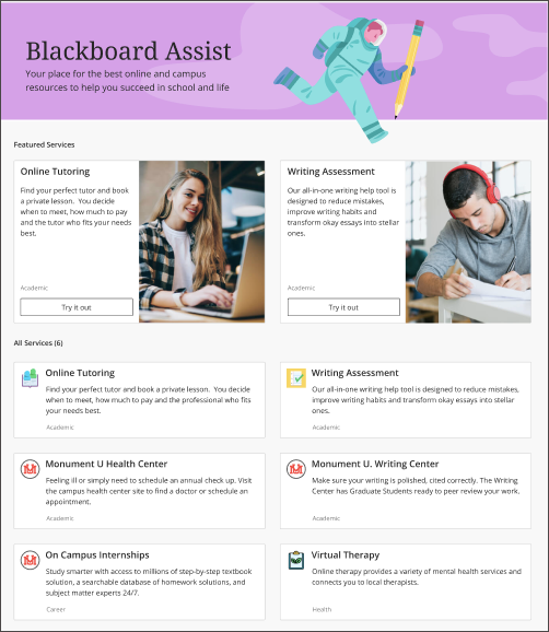 Screenshot of Blackboard Assist Page