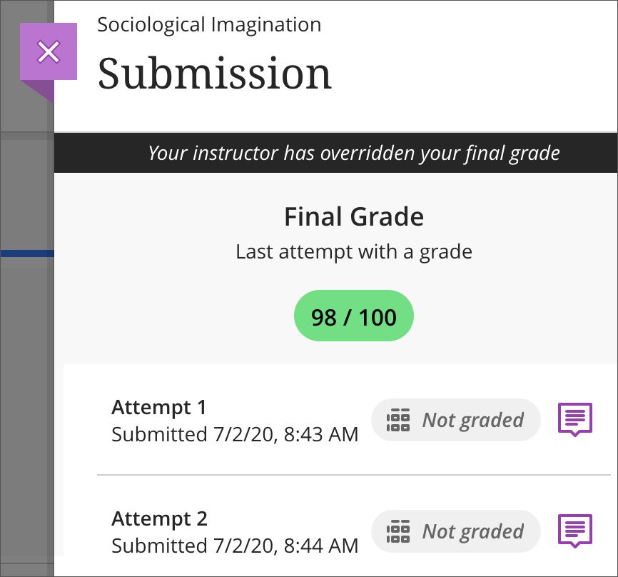 Example of a grade override from the student view