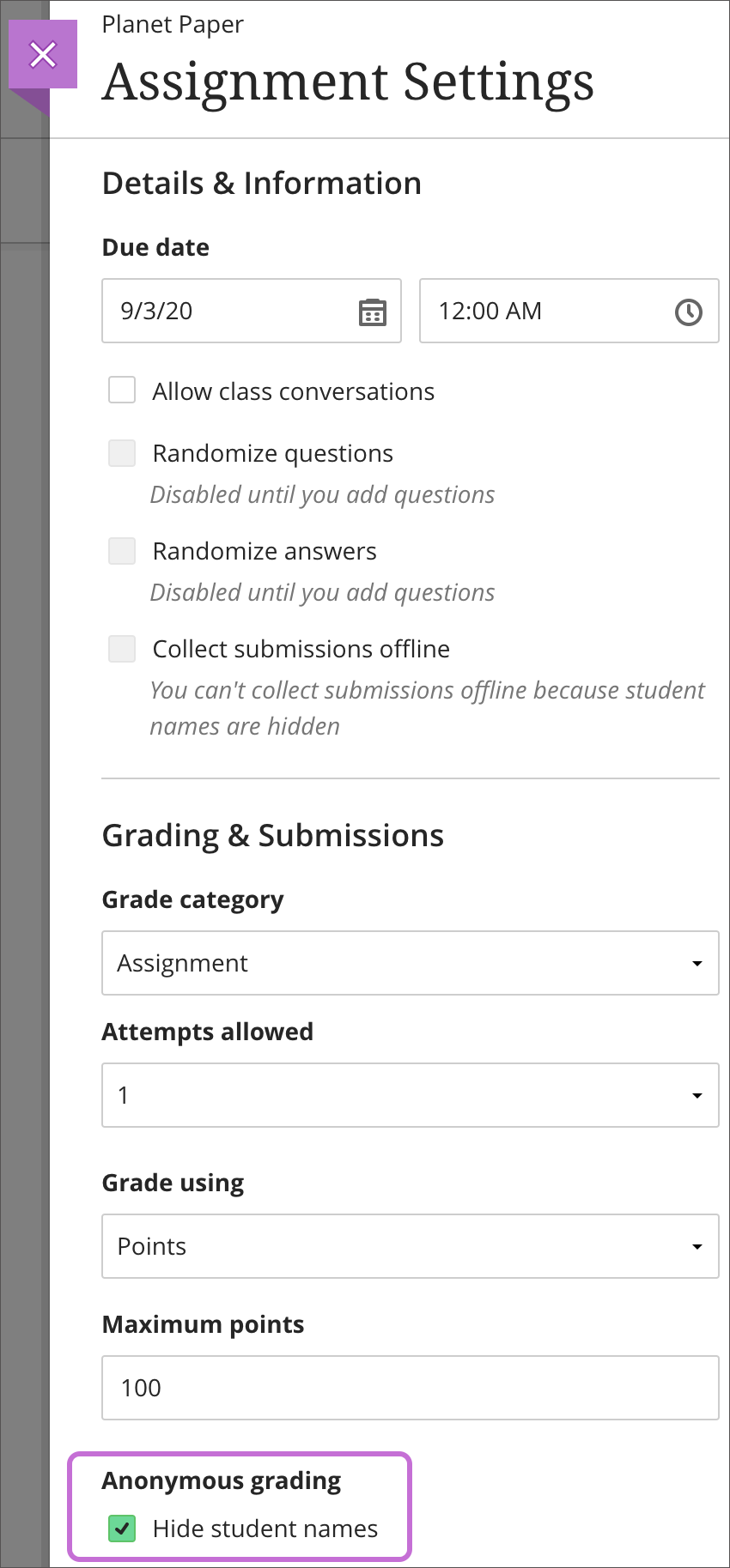 The Assignment settings panel is open with the "Hide student names" checkbox selected and the Anonymous grading section highlighted.