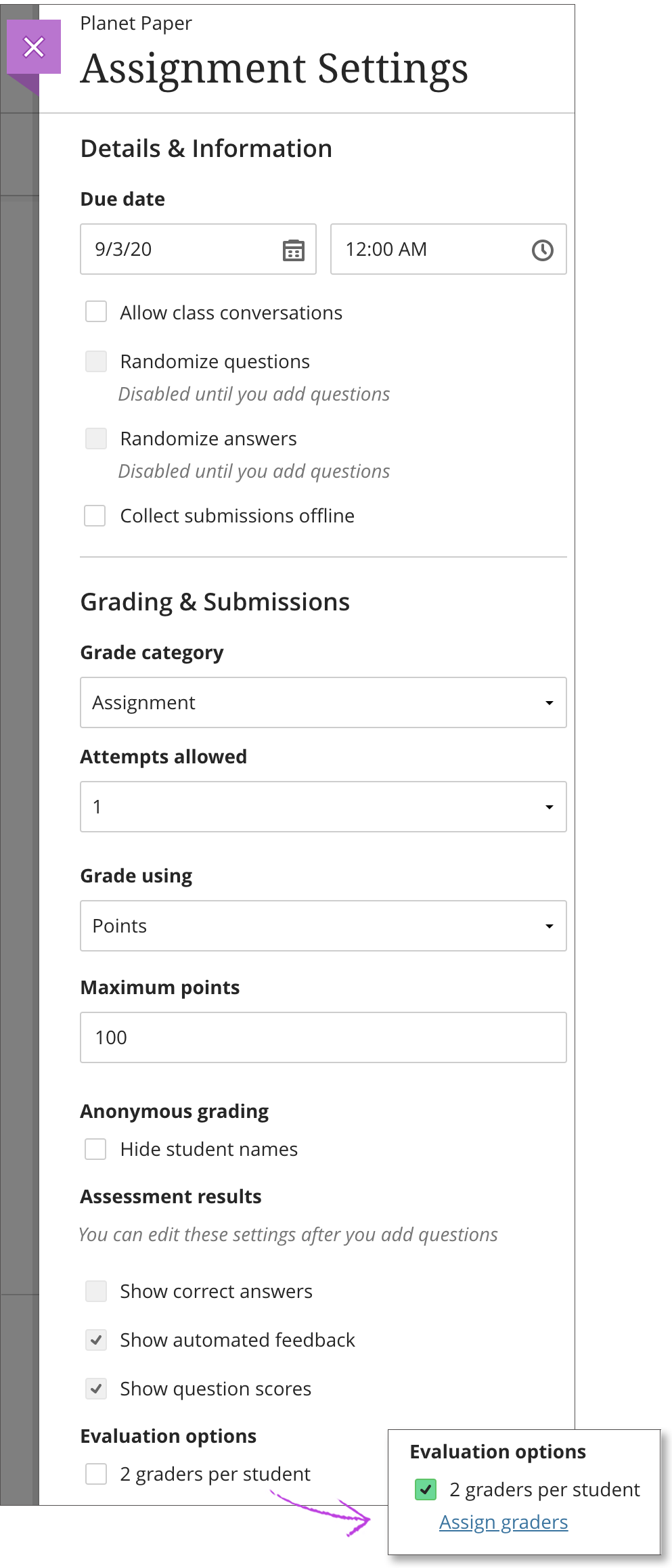 The Assignment settings panel is open with the "2 graders per student" checkbox selected and the Evaluation options section pointed and highlighted.