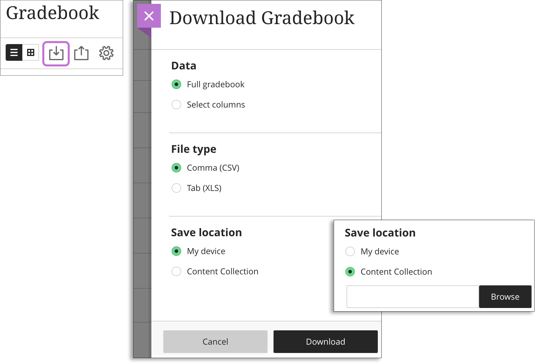 Select the gradebook download icon. The Download details page opens on the right