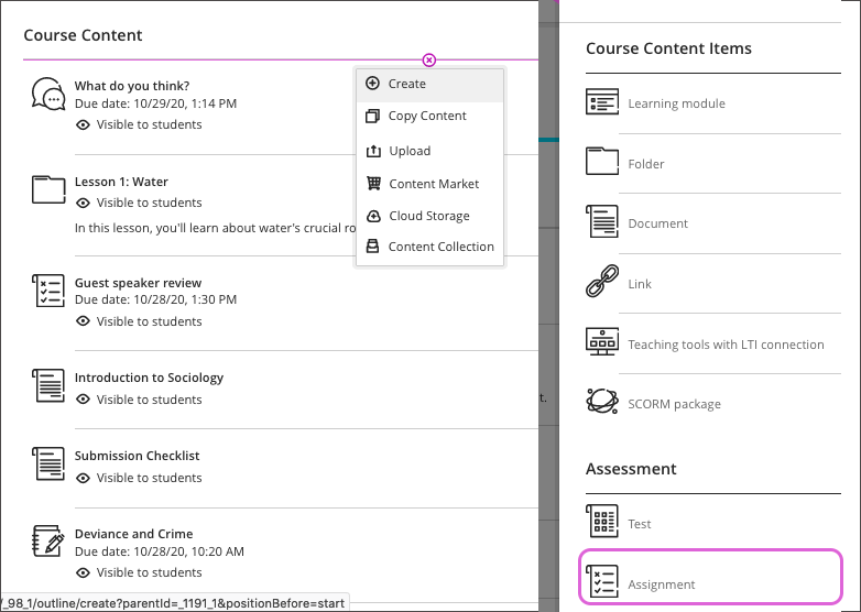 Course content section is open with the plus sign selected, the "Create" button clicked and the "Assignment" button highlighted. 