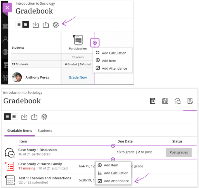 At the top, the Gradebook on its grid view is open with 1) the settings icon selected and highlighted, 2) the plus sign selected and highlighted, and 3) a dropdown list with the "Add Attendance" option displayed. At the bottom, the Gradebook is open with the plus sign selected and the "Add Attendance" option highlighted.