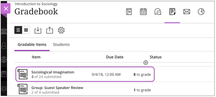 The Gradebook page is open with an assignment selected and highlighted. 