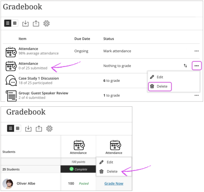 Example of deleting an attendance item in the gradebook