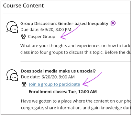 image of Course Content Area with two rows listing Group Discussion activities. A call-out arrow points to the group name or “Join a group to participate” link in the rows.