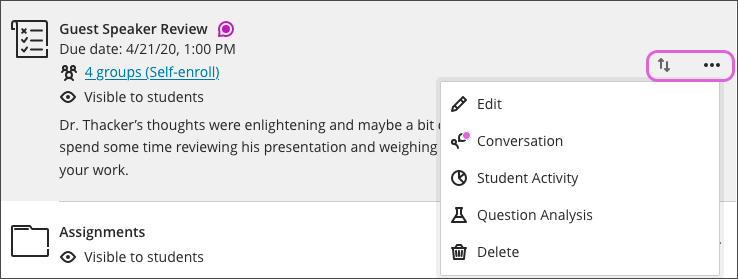 The Course content section is open with 1) an assignment selected, 2) the "Move" icon clicked and highlighted, and 3) the dropdown list with the options to edit, reorder, or delete assignments on screen.