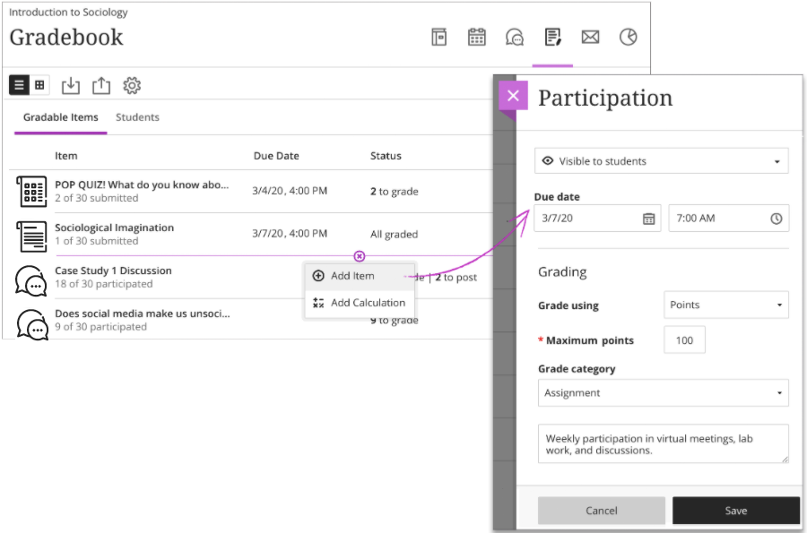 Example of adding a participation item to the gradebook