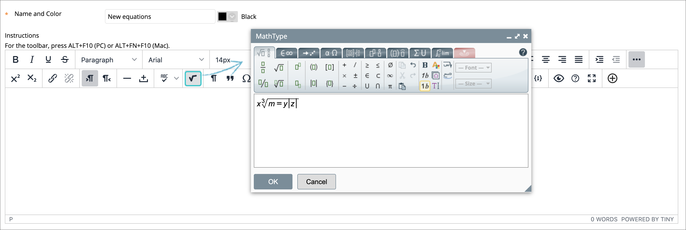 The math editor icon being selected from the editing icons in the editor toolbar 