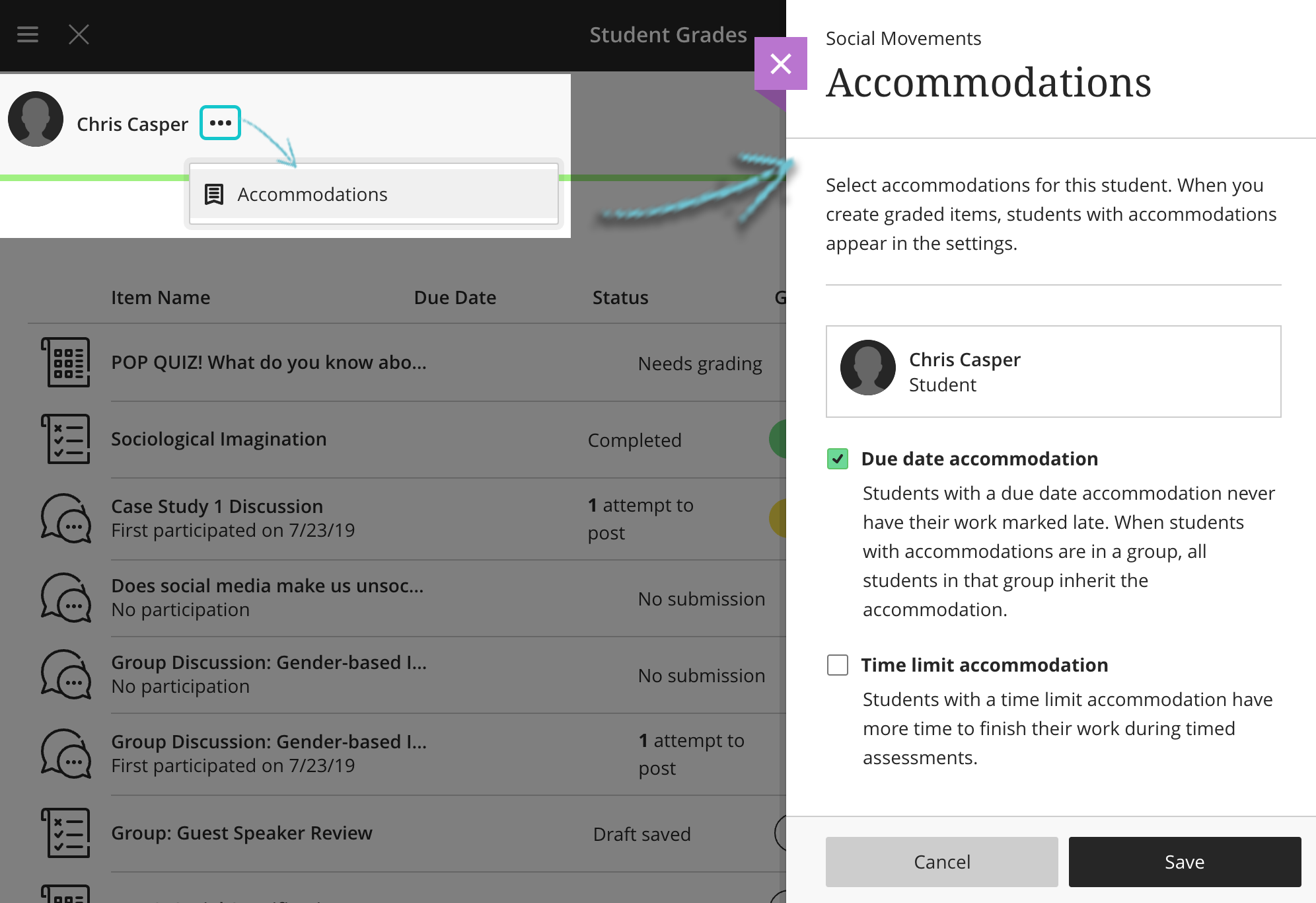 Select the three dot options menu at the right end of a student name. Select the Accommodations option. The Accommodations panel will open at the right side of the screen.