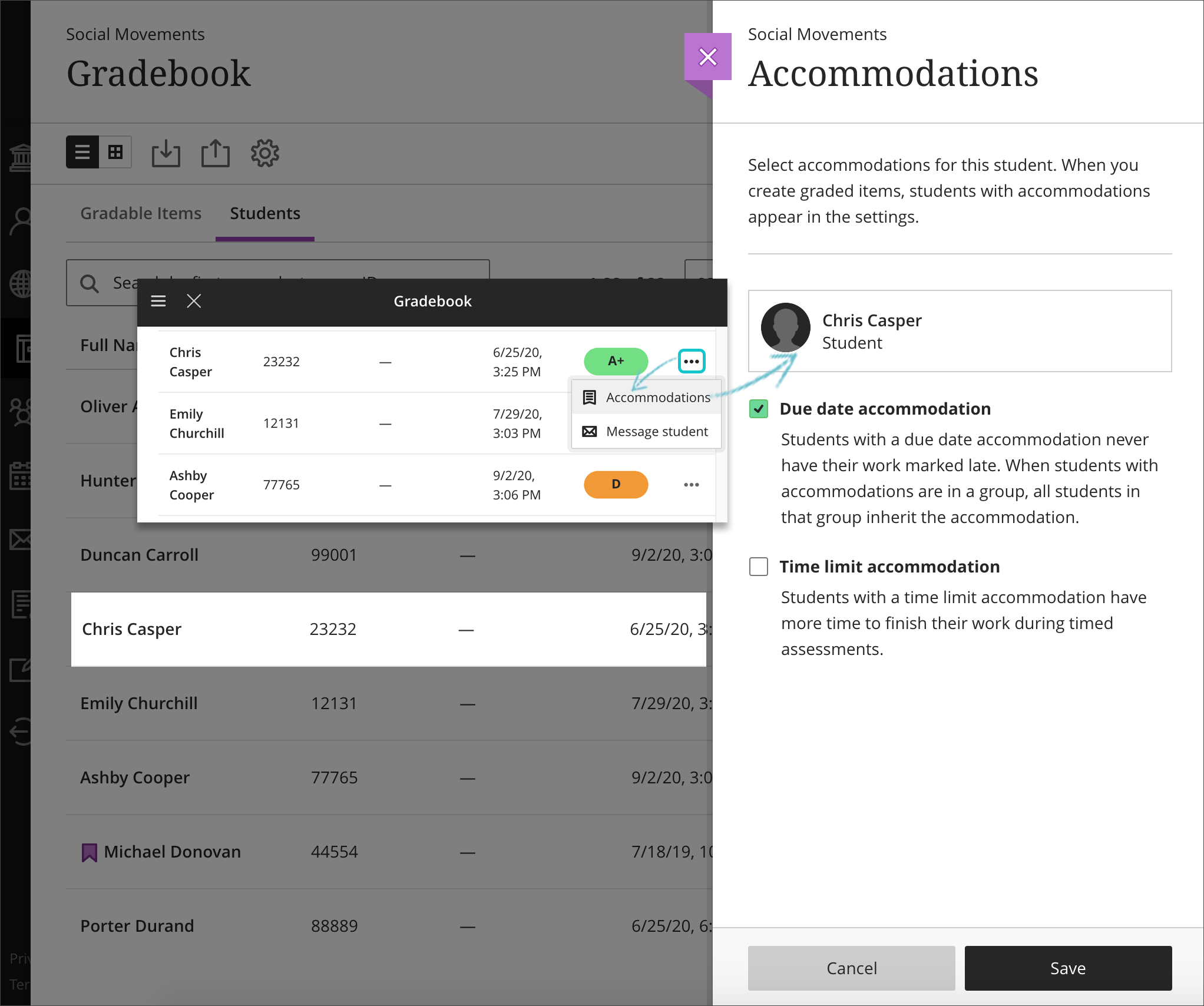 Select the three dot options menu at the right end of a student row. Select the Accommodations option. The Accommodations panel will open at the right side of the screen.