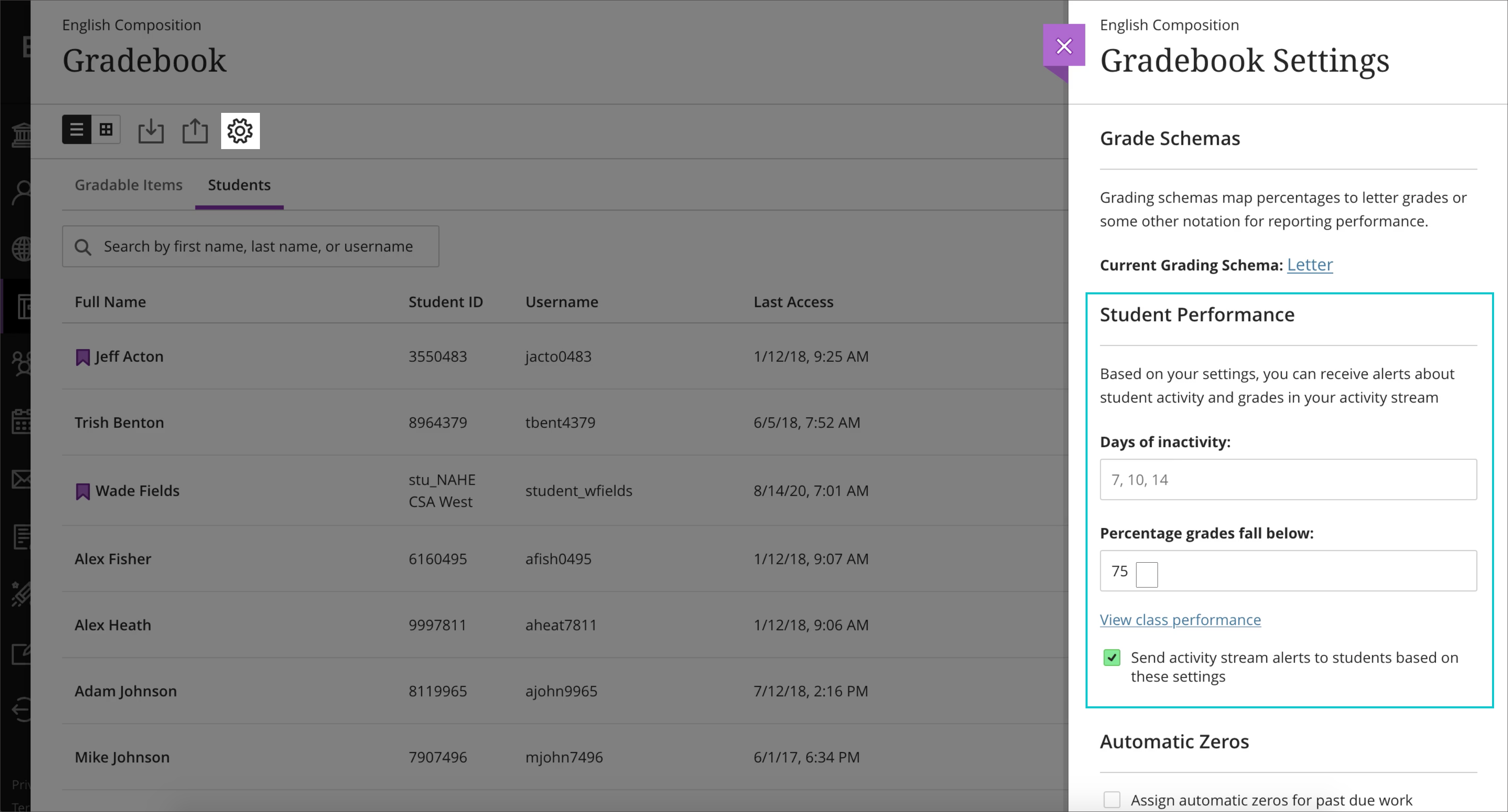 Gradebook panel with a particular student's performance section highlighted.