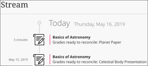 "Grades ready to reconcile" notification displayed in the activity stream of the Instructor's view. 