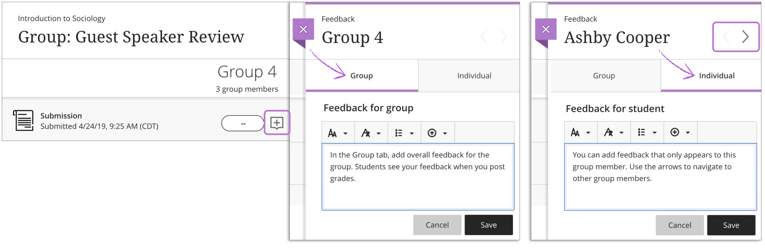 An example group submission is open with 1) the feedback icon selected and highlighted, 2) the "Group" and "Individual" feedback tabs displayed, and 3) the previous and next arrows highlighted. 