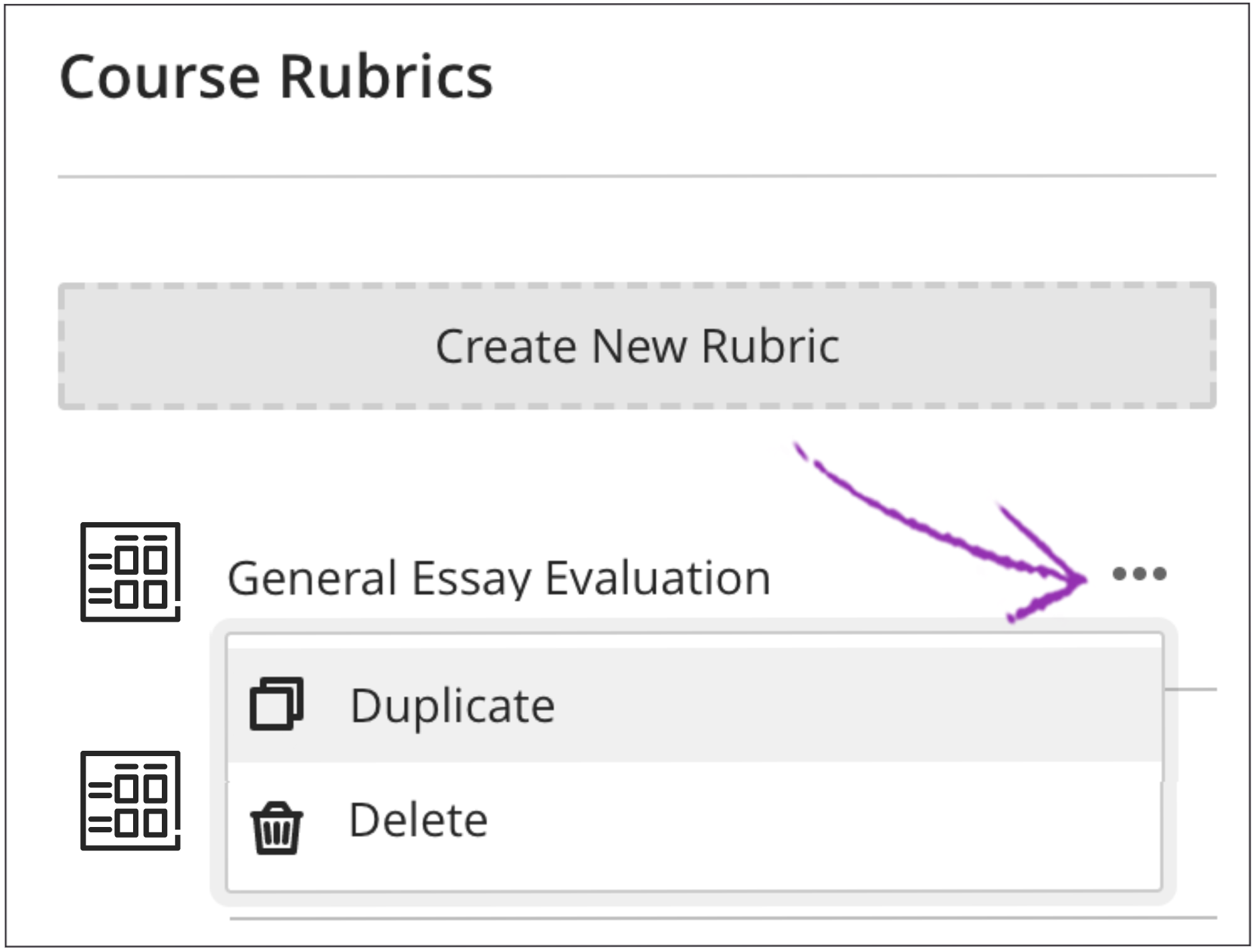 Rubric options menu open showing the duplicate option