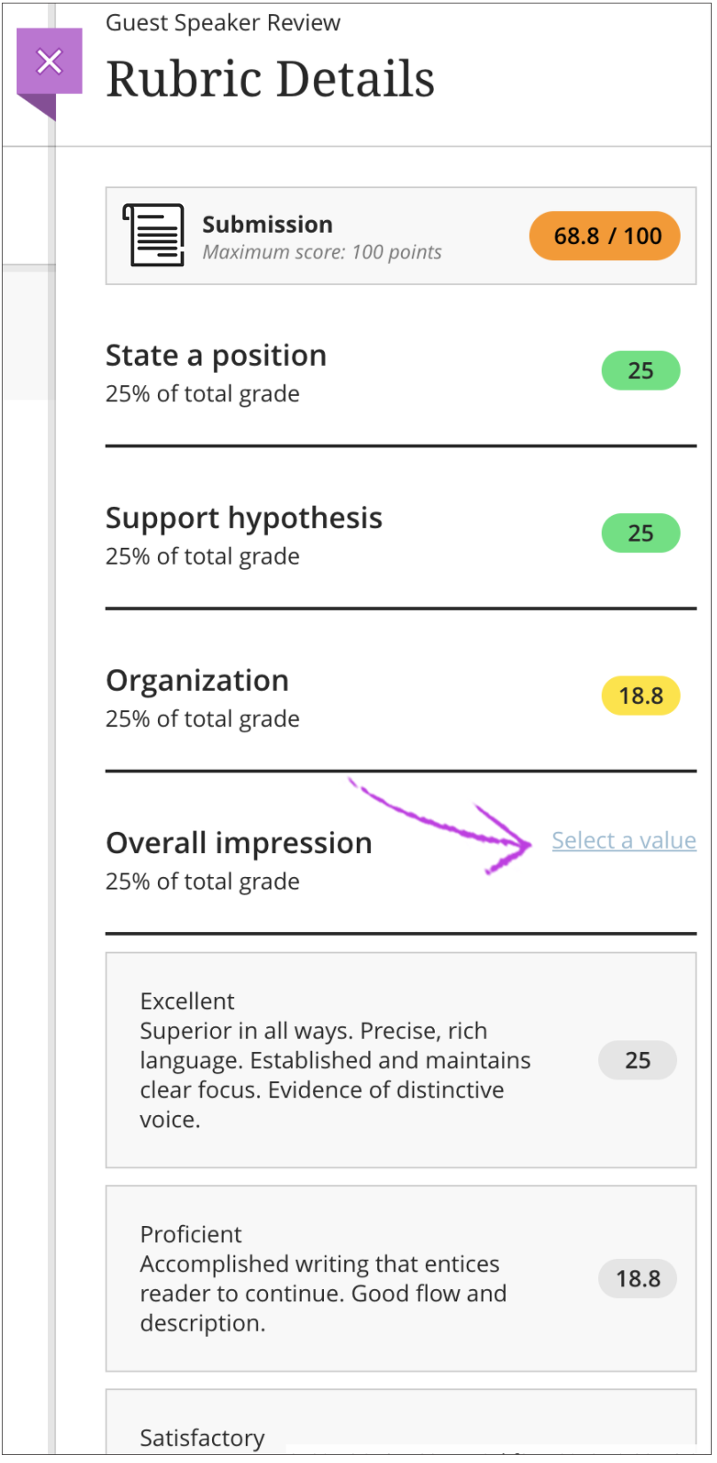 Submission rubric details page with values set