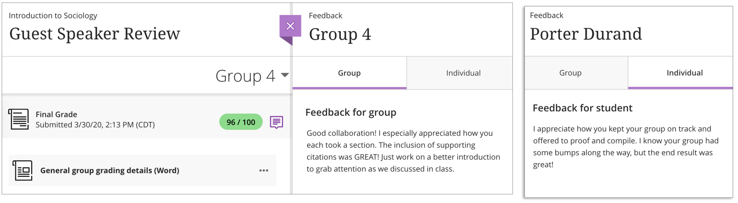 An example group submission from the Student's view is open with the "Group" and "Individual" feedback tabs displayed.