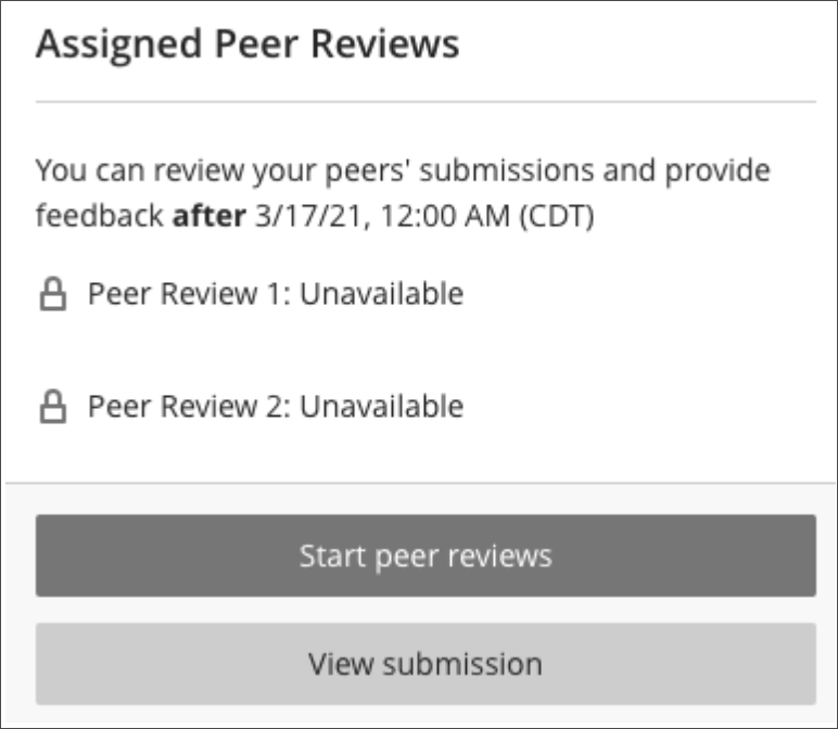The Assigned Peer Reviews panel is open. The "Start peer reviews" and "View submission" buttons are displayed.