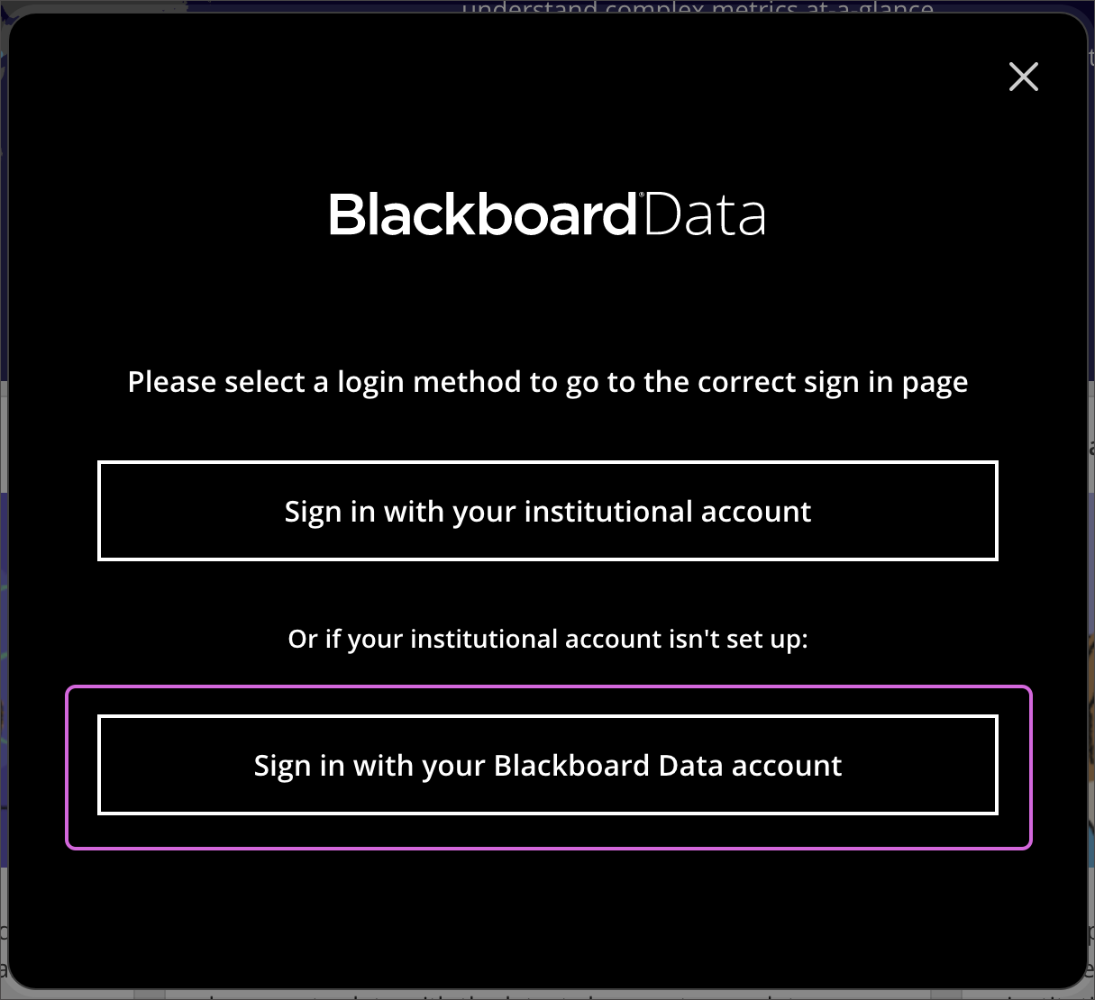 Blackboard Data Log in method screen. First option is Sign in with your institutional account and the second option is to Sign in with your Blackboard Data Account.